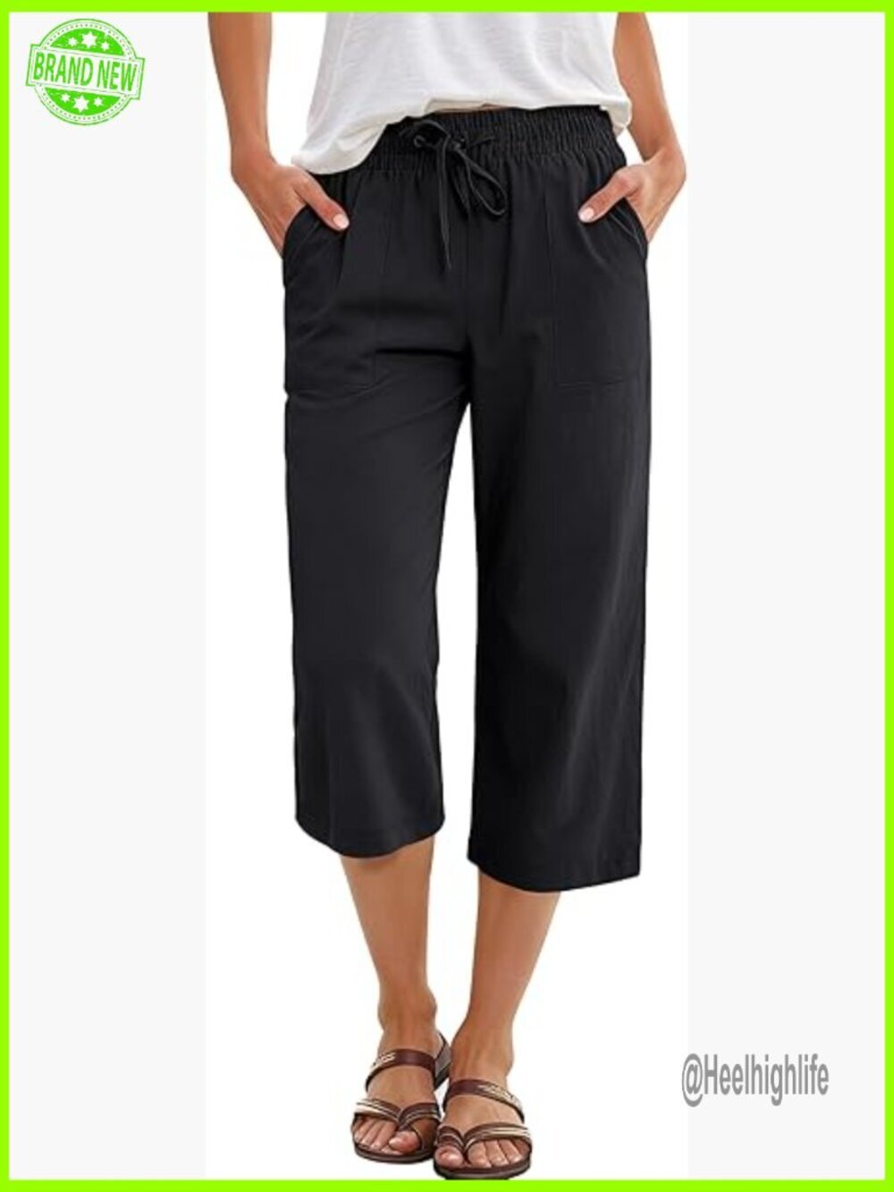 High Waist Cropped Palazzo Pants, Drawstring, Rayon, Loose Fit, Casual Lounge